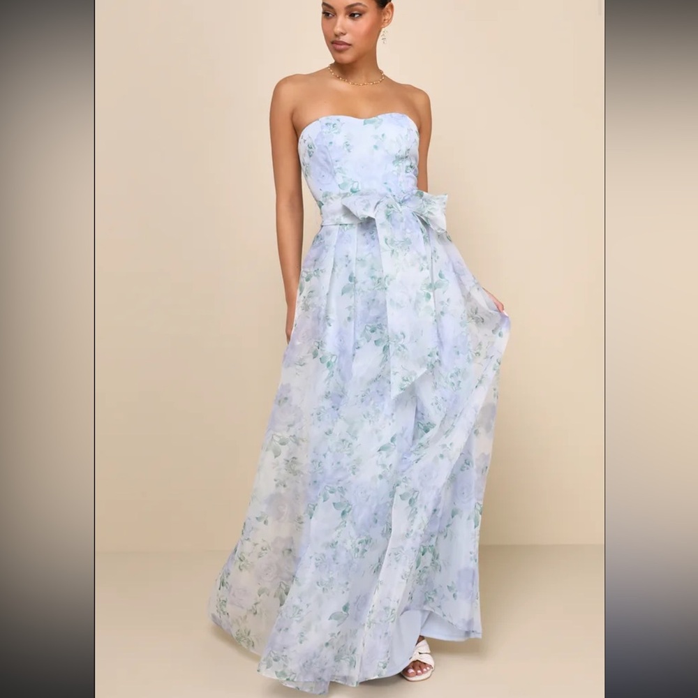 Lulus Strapless Light Blue Floral Maxi Dress with Waist Bow